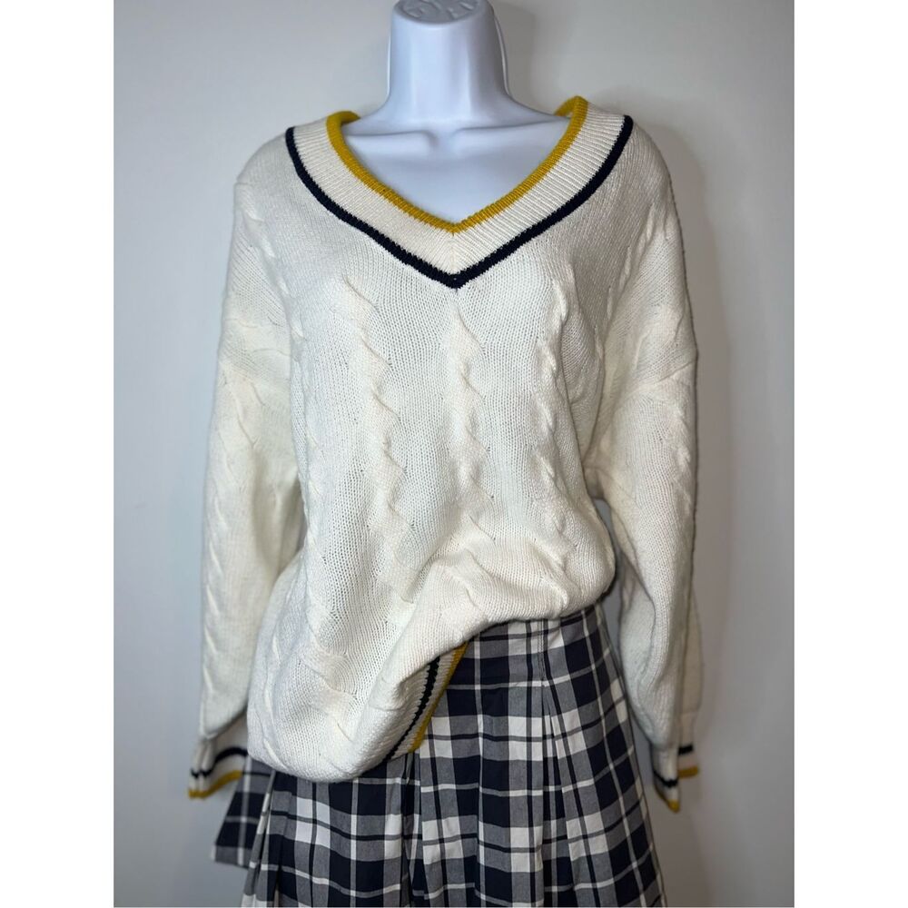 Women’s Cable Knit Twist V Neck Sweater Varsity Cream/blue/yellow M - Picture 2 of 7